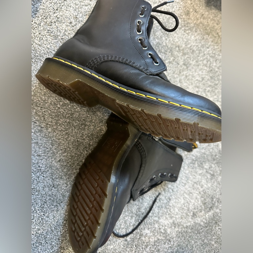 Dr. Martens Black Leather Boots with Yellow Stitching